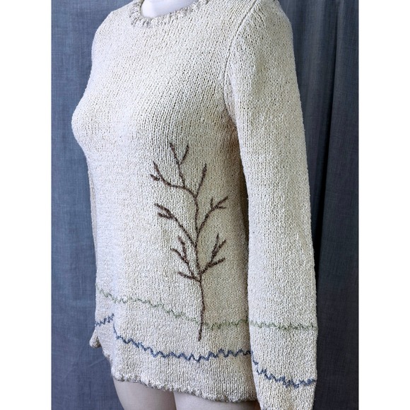 Northern Isles Cream Textured Silk Blend Knit Sweater Branch Embroidery Small - Picture 2 of 10